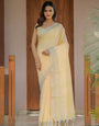 Butter Yellow Pure Handloom Cotton Saree with Golden Striped Weaving & Tassel Detailing