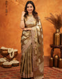 Antique Gold Tissue Silk Embroidered Saree with Rich Zari Motifs & Designer Border | Heavy Embroidered Blouse with Tassels | Wedding Festive Wear Saree