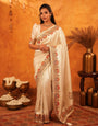Elegant Cream Beige Banarasi Silk Saree with Multicolor Peacock Floral Embroidered Border & Zari Weaving | Premium Festive Wedding Wear Saree