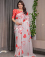 Ivory White Satin Georgette Saree with Bold Red Heart Print and Attached Red Heart Pattern Blouse – 5.5 Meter Romantic Designer Saree for Valentine’s Day & Anniversary Wear