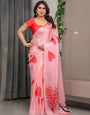 Blush Peach Satin Georgette Romantic Printed Saree with Heart Tree, Proposal Couple Artwork & Matching Blouse