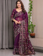 Royal Wine Purple Fendi Satin Peacock & Floral Block and Foil Printed Saree with Traditional Border, Tassel Edges & Attached Blouse