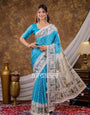 Vantara Turquoise Blue Satin Chiffon Printed Saree with Botanical Nature Print, Designer Tassel Pallu & Matching Blouse Piece