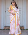 Ivory White Botanical Printed Satin Georgette Saree with Mustard Border & Unstitched Blouse – Elegant Festive & Day Wear