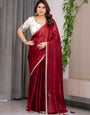 Wine Red Fendy Satin Saree with Pearl Lace Border & Tassel Pallu | Premium Shimmer Satin Saree with Heavy Embroidered Designer Peacock Blouse | Zari Floral Embroidery Blouse Saree for Wedding & Festive Wear