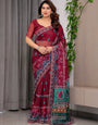 Wine Red Designer Printed Organza Saree with Multicolor Ethnic Paisley Border | Lightweight Floral Printed Party Wear Saree with Attached Blouse Piece | Festive & Wedding Wear Saree