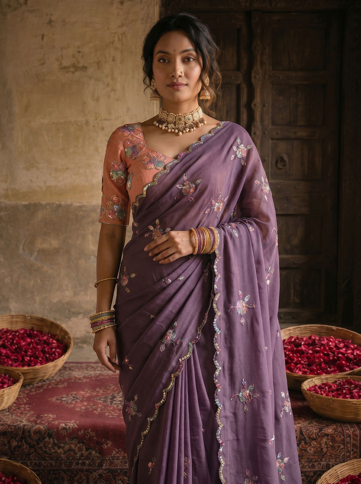 Dusty Lavender Georgette Embroidered Saree with Floral Sequin Work &amp; Peach Designer Blouse