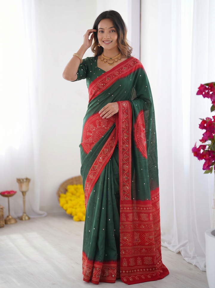 Bottle Green &amp; Ruby Red Bandhani Inspired Cotton Silk Saree with Traditional Folk Print Border &amp; Designer Pallu