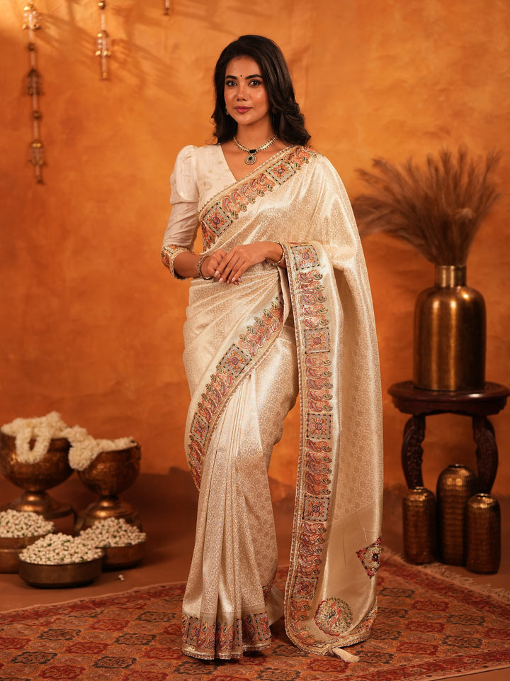 Ivory Cream Banarasi Silk Saree with Elegant Zari Weaving & Ornamental Embroidered Border | Classic Wedding & Festive Wear Saree with Blouse