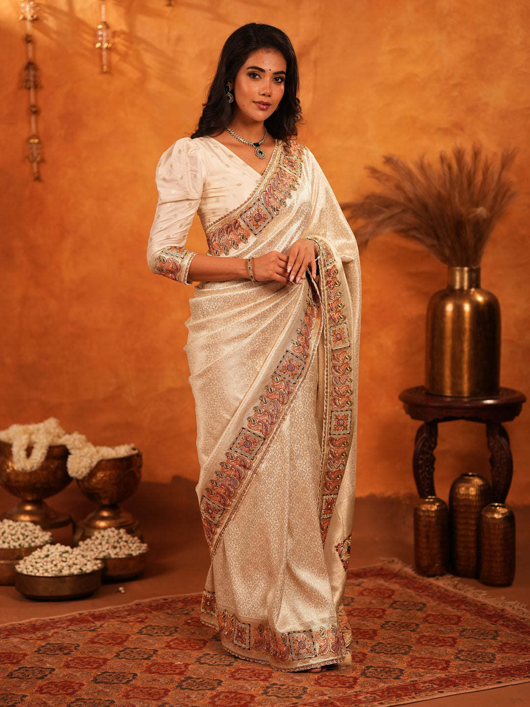 Ivory Cream Banarasi Silk Saree with Elegant Zari Weaving & Ornamental Embroidered Border | Classic Wedding & Festive Wear Saree with Blouse