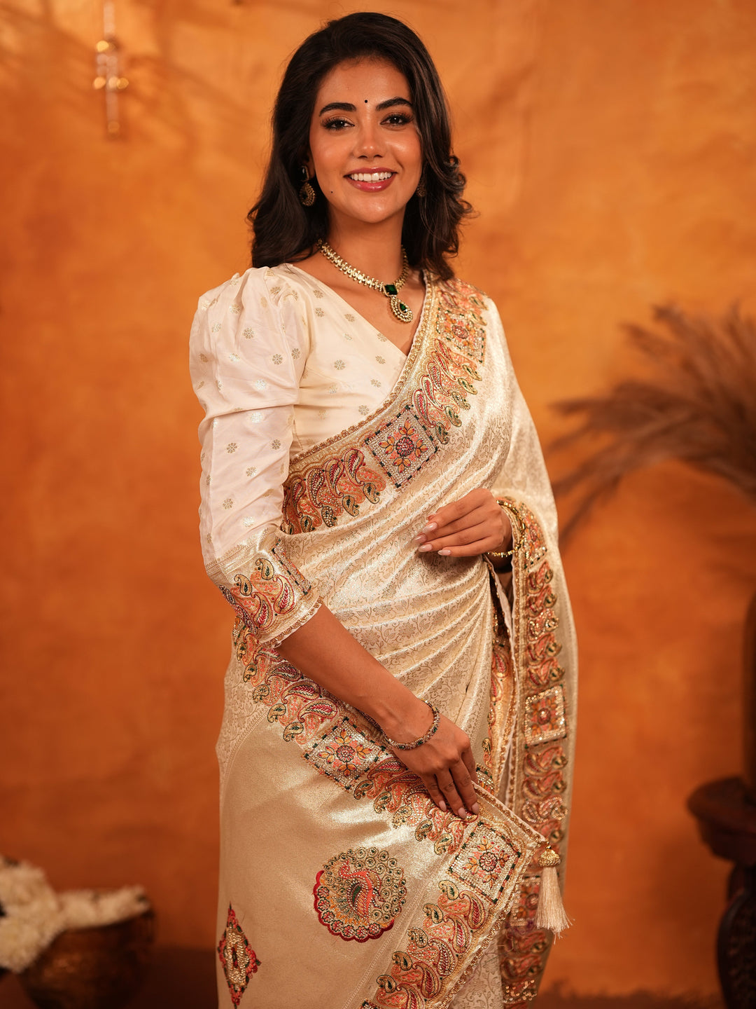 Ivory Cream Banarasi Silk Saree with Elegant Zari Weaving & Ornamental Embroidered Border | Classic Wedding & Festive Wear Saree with Blouse