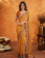 Mustard Gold Fendy Satin Embroidered Saree with Multicolor Floral Border & Tassels | Designer Festive Party Wear Saree with Heavy Embroidered Blouse