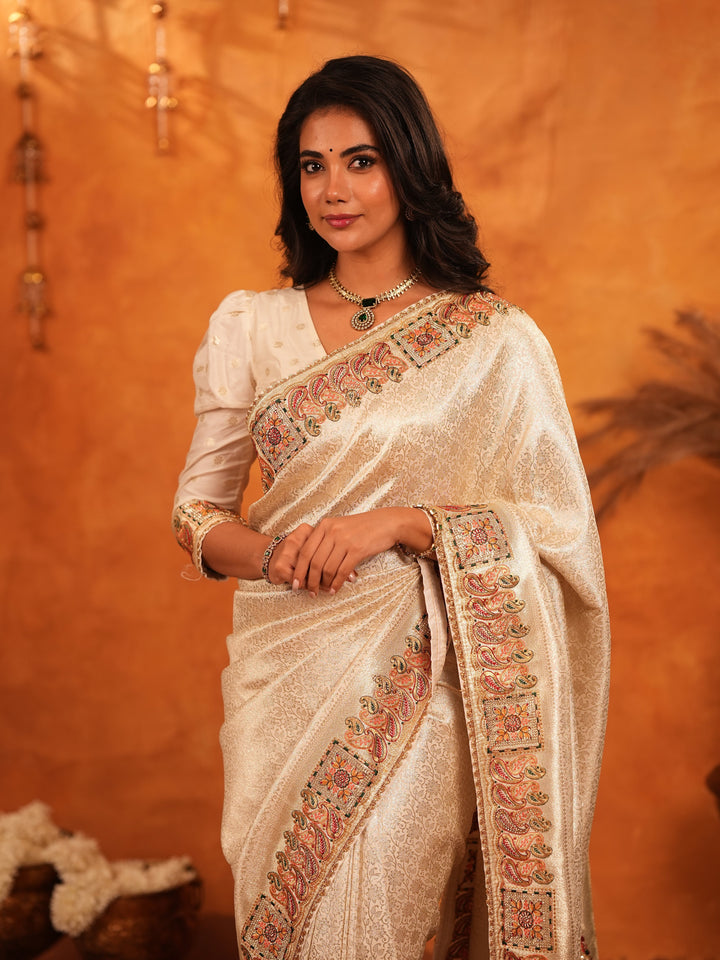 Ivory Cream Banarasi Silk Saree with Elegant Zari Weaving & Ornamental Embroidered Border | Classic Wedding & Festive Wear Saree with Blouse