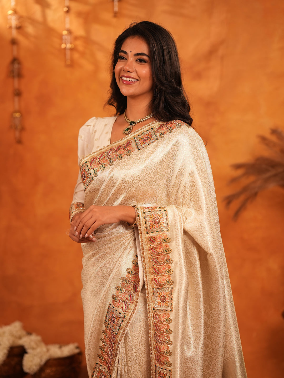 Ivory Cream Banarasi Silk Saree with Elegant Zari Weaving & Ornamental Embroidered Border | Classic Wedding & Festive Wear Saree with Blouse