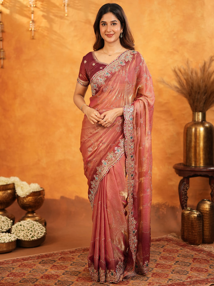 Dusty Rose Pink Fendy Satin Embroidered Saree with Multicolor Floral Border & Tassels | Elegant Designer Party Wear Saree with Heavy Embroidered Blouse