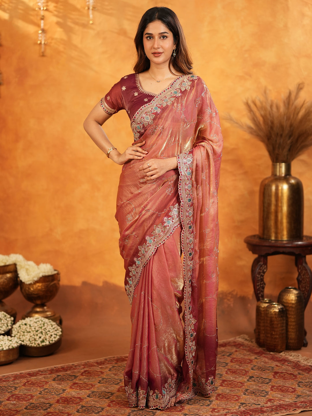 Dusty Rose Pink Fendy Satin Embroidered Saree with Multicolor Floral Border & Tassels | Elegant Designer Party Wear Saree with Heavy Embroidered Blouse