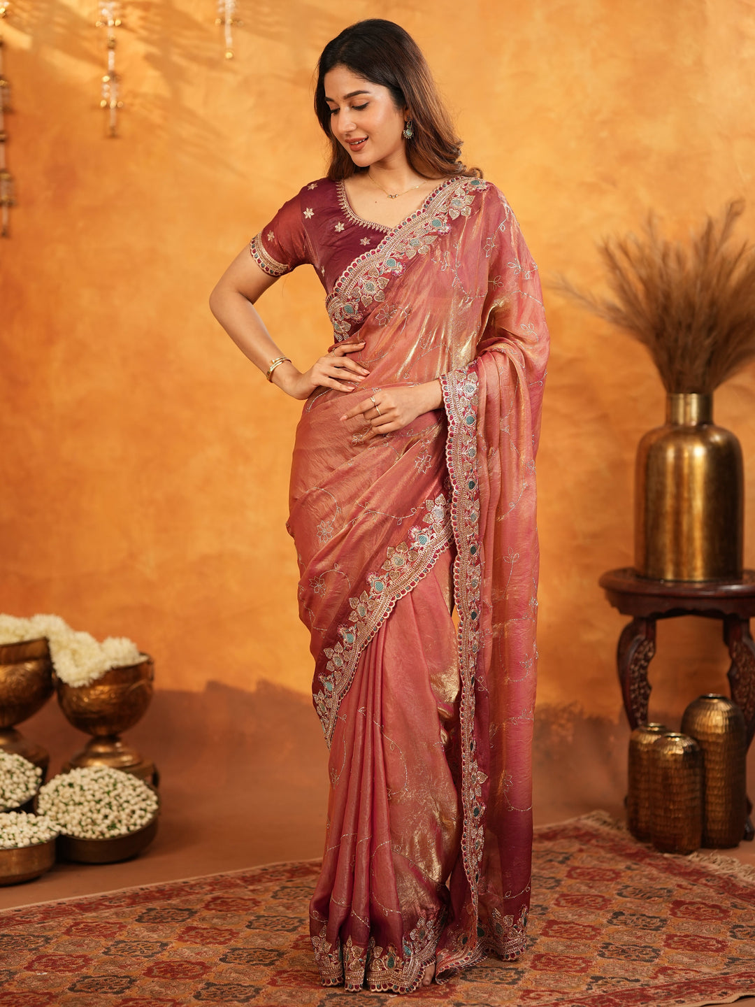 Dusty Rose Pink Fendy Satin Embroidered Saree with Multicolor Floral Border & Tassels | Elegant Designer Party Wear Saree with Heavy Embroidered Blouse