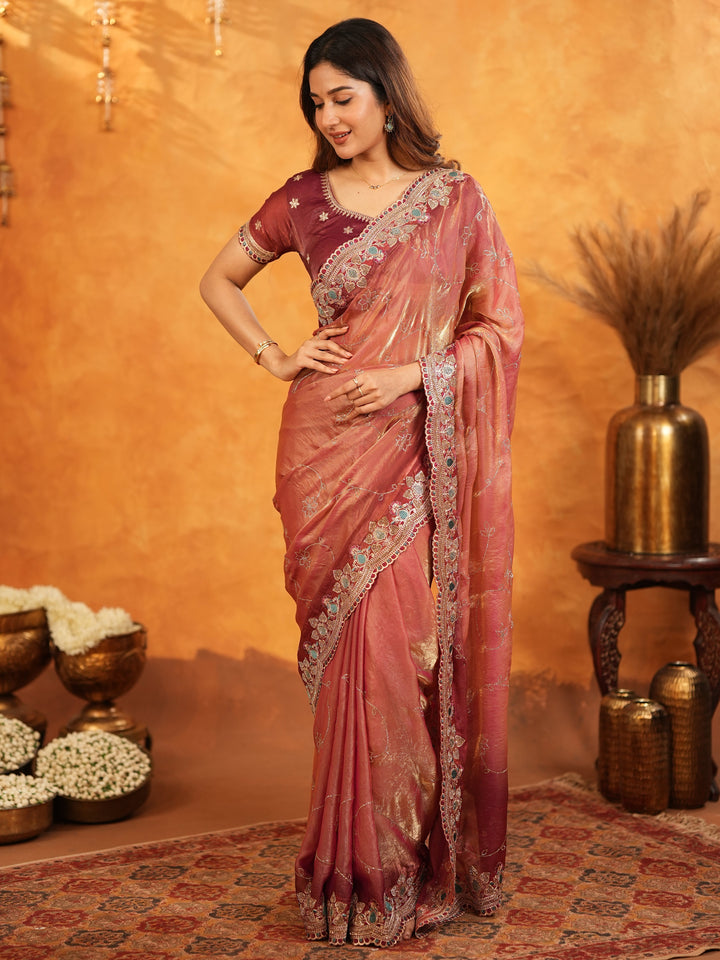 Dusty Rose Pink Fendy Satin Embroidered Saree with Multicolor Floral Border & Tassels | Elegant Designer Party Wear Saree with Heavy Embroidered Blouse