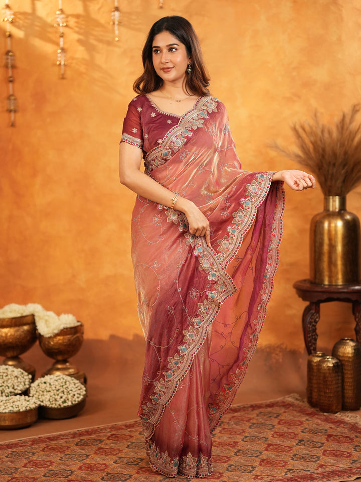 Dusty Rose Pink Fendy Satin Embroidered Saree with Multicolor Floral Border & Tassels | Elegant Designer Party Wear Saree with Heavy Embroidered Blouse