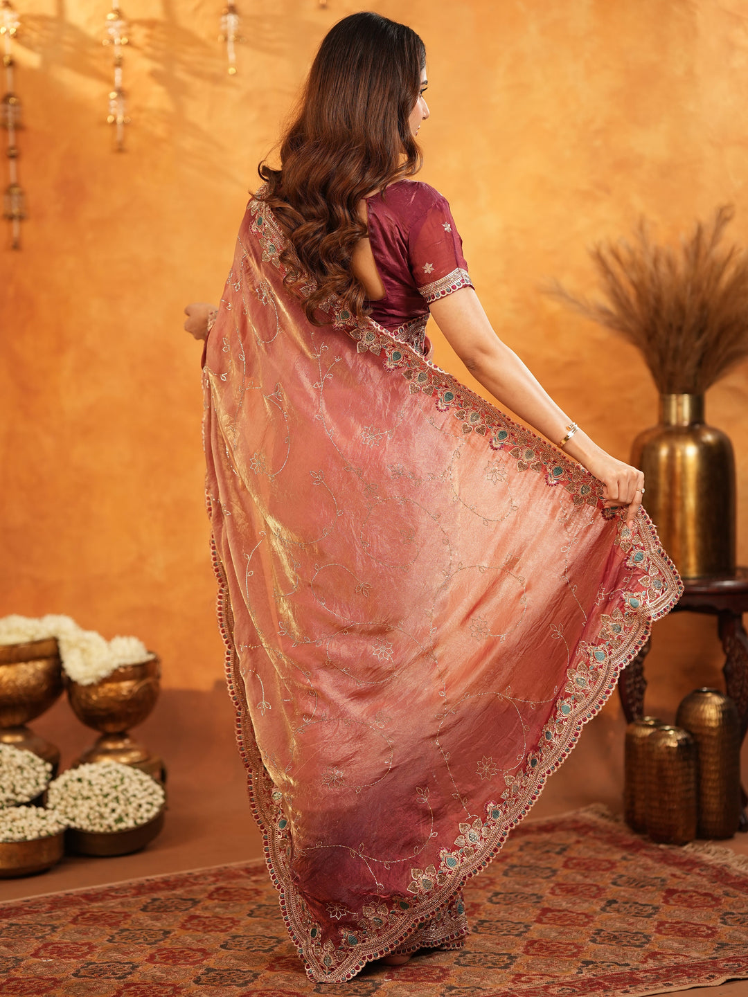 Dusty Rose Pink Fendy Satin Embroidered Saree with Multicolor Floral Border & Tassels | Elegant Designer Party Wear Saree with Heavy Embroidered Blouse