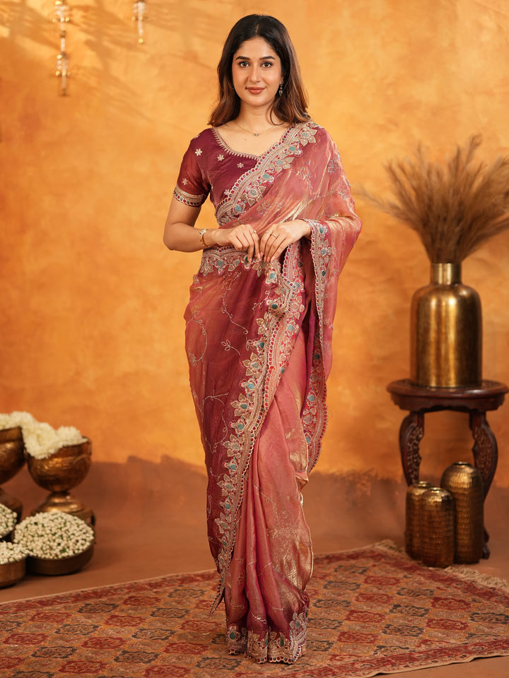Dusty Rose Pink Fendy Satin Embroidered Saree with Multicolor Floral Border & Tassels | Elegant Designer Party Wear Saree with Heavy Embroidered Blouse