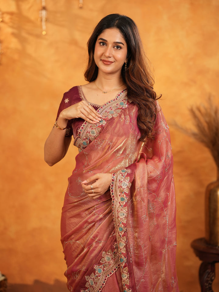 Dusty Rose Pink Fendy Satin Embroidered Saree with Multicolor Floral Border & Tassels | Elegant Designer Party Wear Saree with Heavy Embroidered Blouse