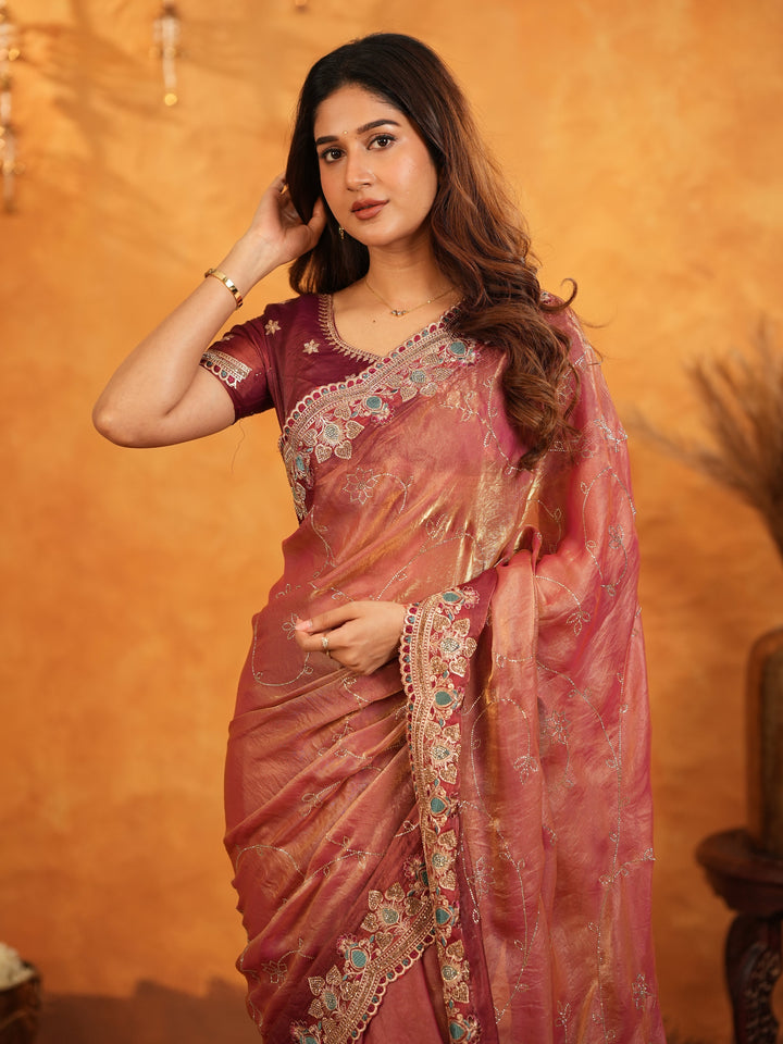Dusty Rose Pink Fendy Satin Embroidered Saree with Multicolor Floral Border & Tassels | Elegant Designer Party Wear Saree with Heavy Embroidered Blouse