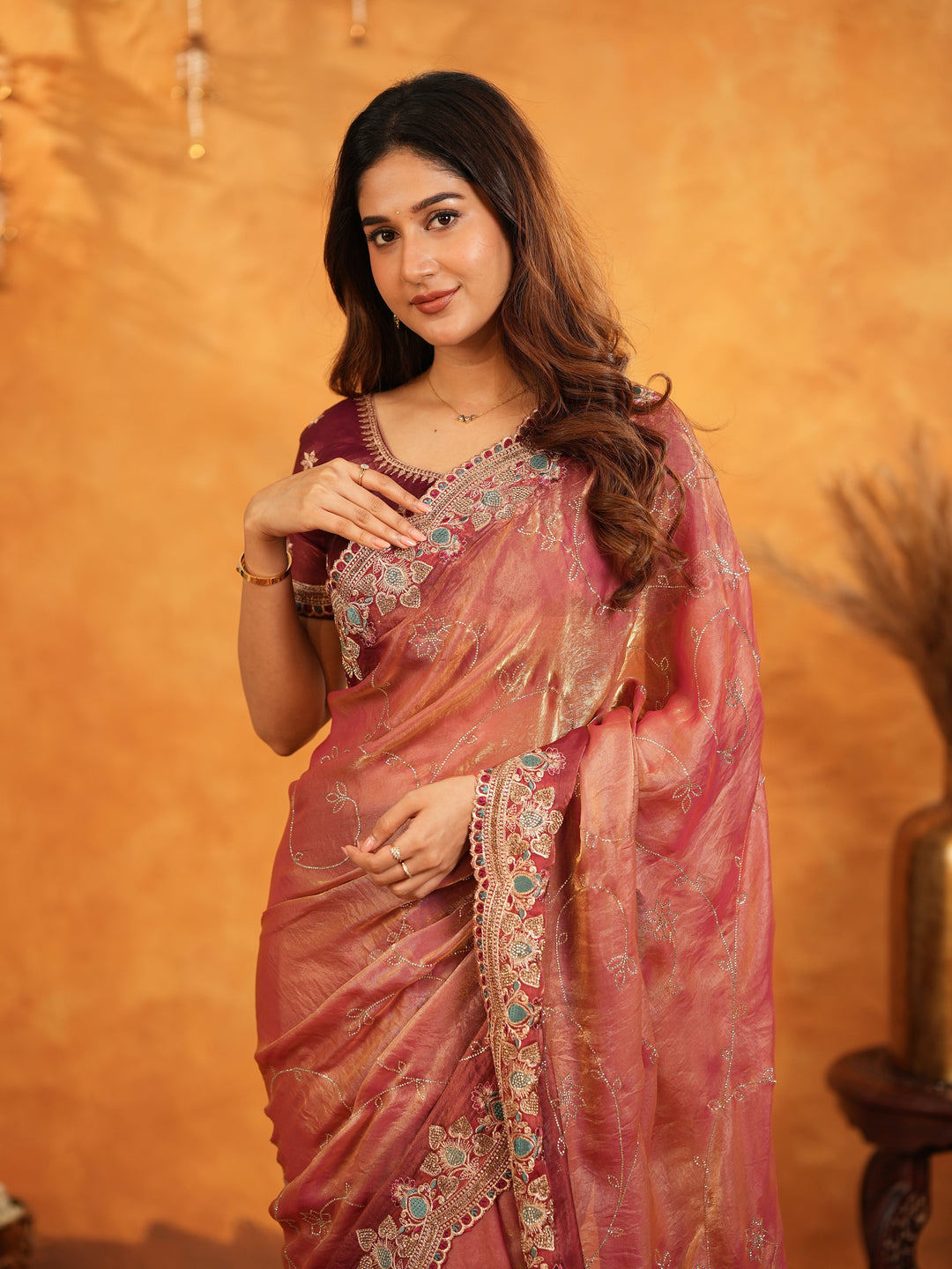 Dusty Rose Pink Fendy Satin Embroidered Saree with Multicolor Floral Border & Tassels | Elegant Designer Party Wear Saree with Heavy Embroidered Blouse