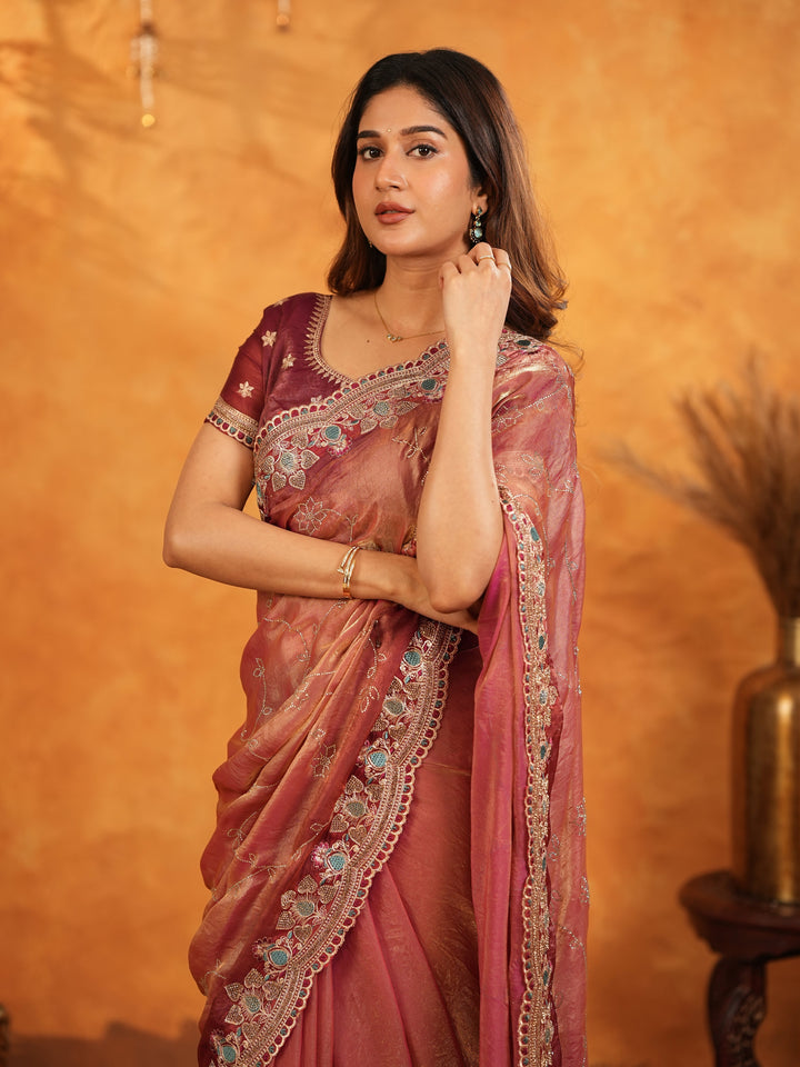 Dusty Rose Pink Fendy Satin Embroidered Saree with Multicolor Floral Border & Tassels | Elegant Designer Party Wear Saree with Heavy Embroidered Blouse