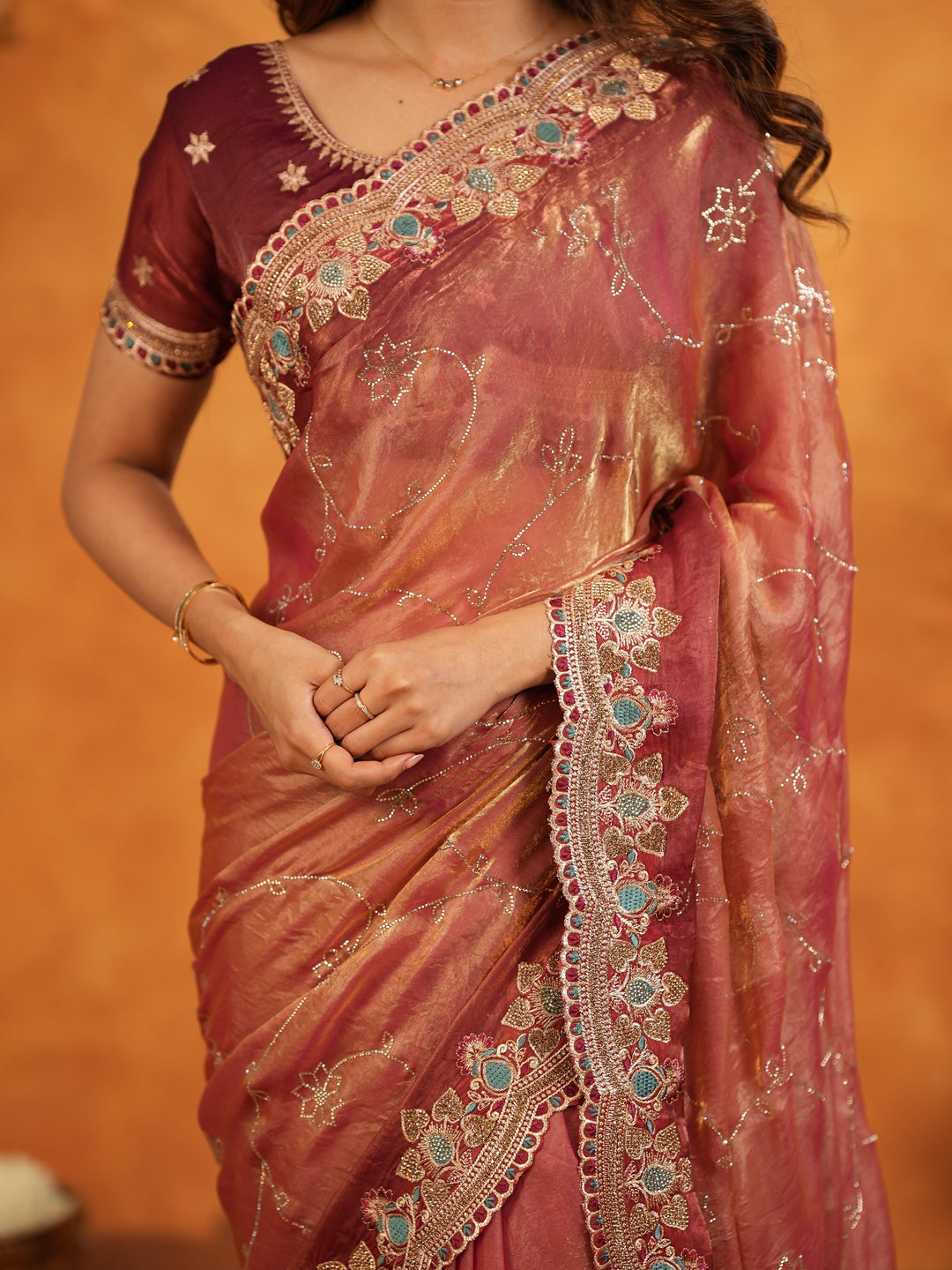 Dusty Rose Pink Fendy Satin Embroidered Saree with Multicolor Floral Border & Tassels | Elegant Designer Party Wear Saree with Heavy Embroidered Blouse