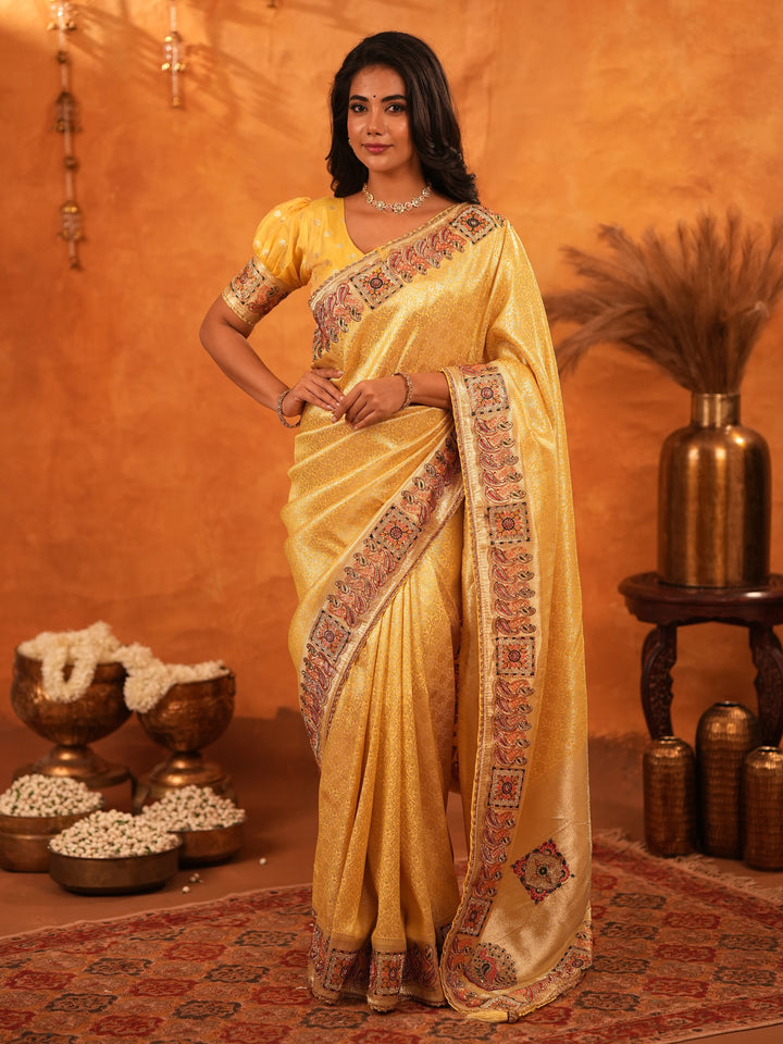 Sunshine Yellow Banarasi Silk Saree with Rich Zari Weaving & Heavy Embroidered Border | Designer Festive & Wedding Wear Saree with Blouse