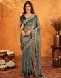 Elegant Steel Teal Fendy Satin Embroidered Saree with Floral Border & Tassel Finish | Designer Party Wear Saree with Heavy Embroidered Blouse