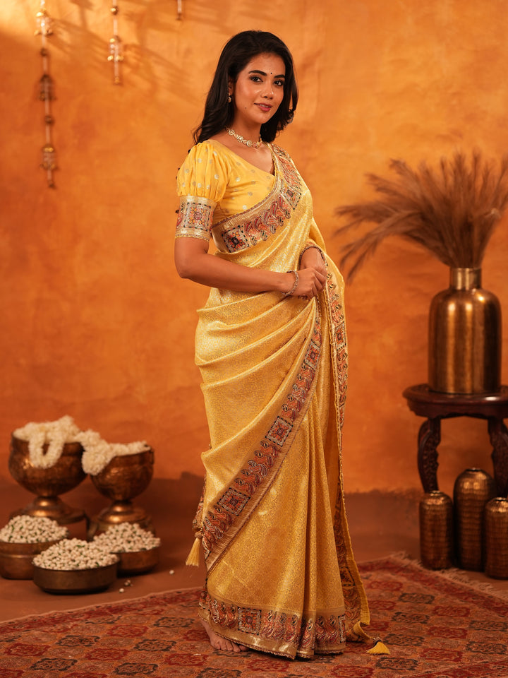 Sunshine Yellow Banarasi Silk Saree with Rich Zari Weaving & Heavy Embroidered Border | Designer Festive & Wedding Wear Saree with Blouse