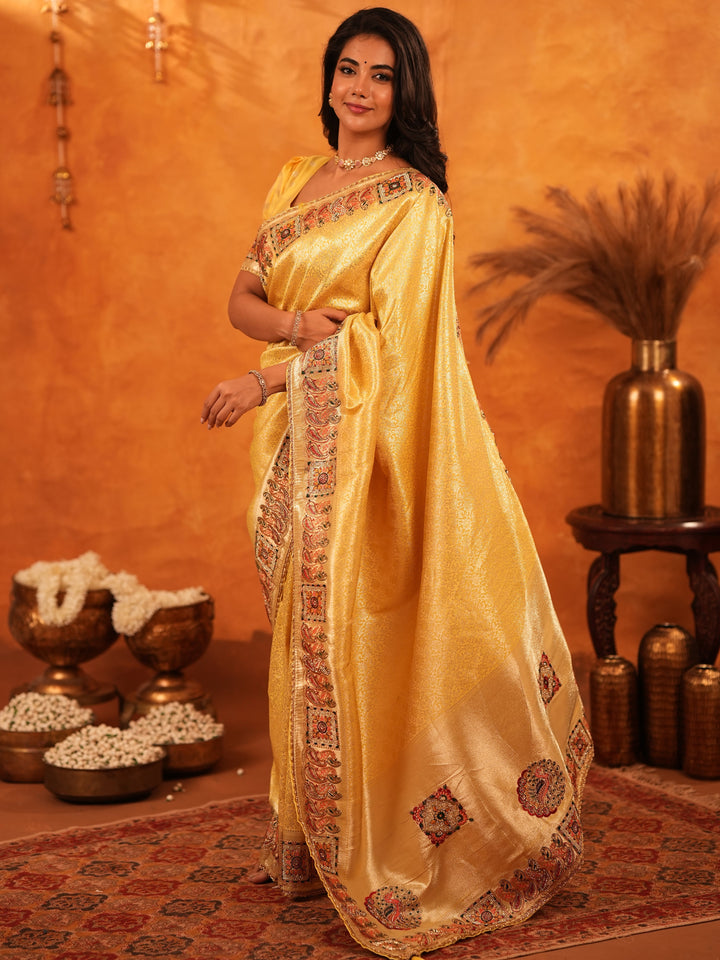 Sunshine Yellow Banarasi Silk Saree with Rich Zari Weaving & Heavy Embroidered Border | Designer Festive & Wedding Wear Saree with Blouse