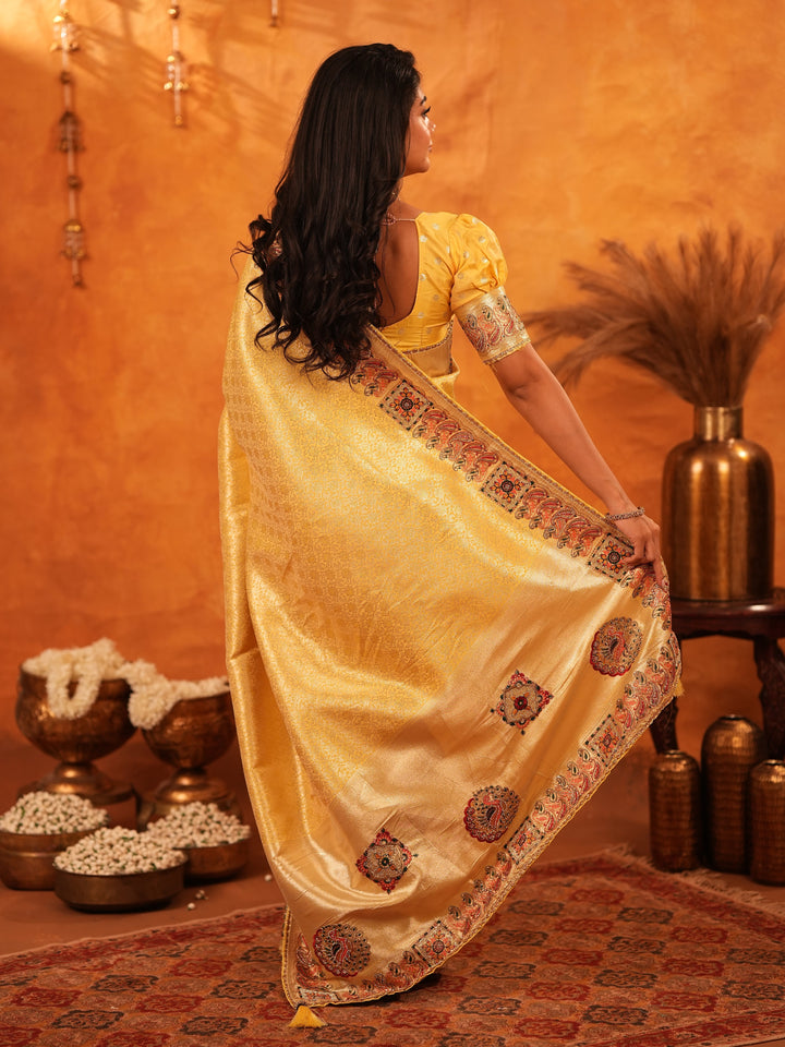 Sunshine Yellow Banarasi Silk Saree with Rich Zari Weaving & Heavy Embroidered Border | Designer Festive & Wedding Wear Saree with Blouse