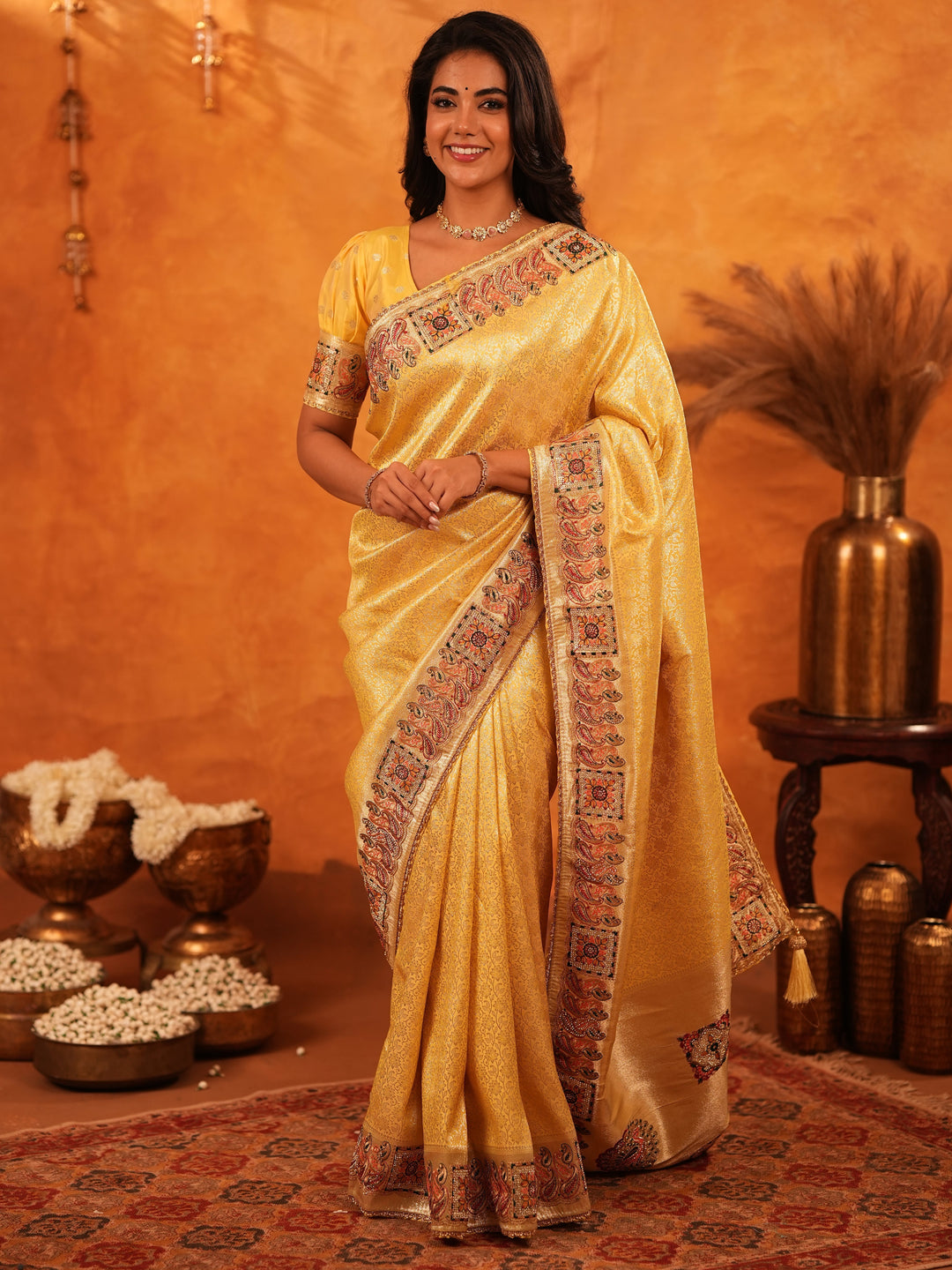 Sunshine Yellow Banarasi Silk Saree with Rich Zari Weaving & Heavy Embroidered Border | Designer Festive & Wedding Wear Saree with Blouse