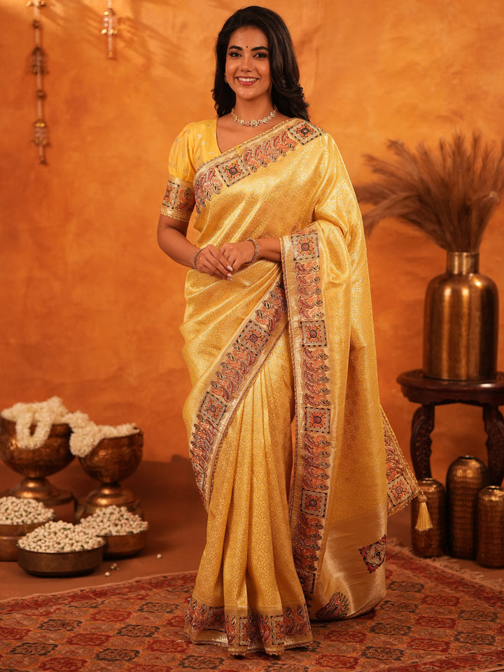 Sunshine Yellow Banarasi Silk Saree with Rich Zari Weaving & Heavy Embroidered Border | Designer Festive & Wedding Wear Saree with Blouse