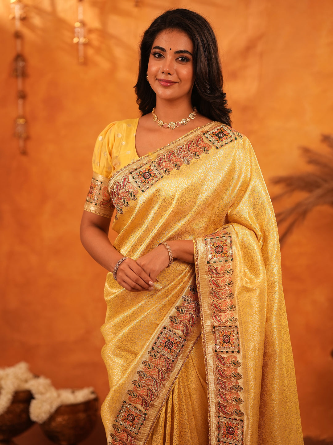 Sunshine Yellow Banarasi Silk Saree with Rich Zari Weaving & Heavy Embroidered Border | Designer Festive & Wedding Wear Saree with Blouse