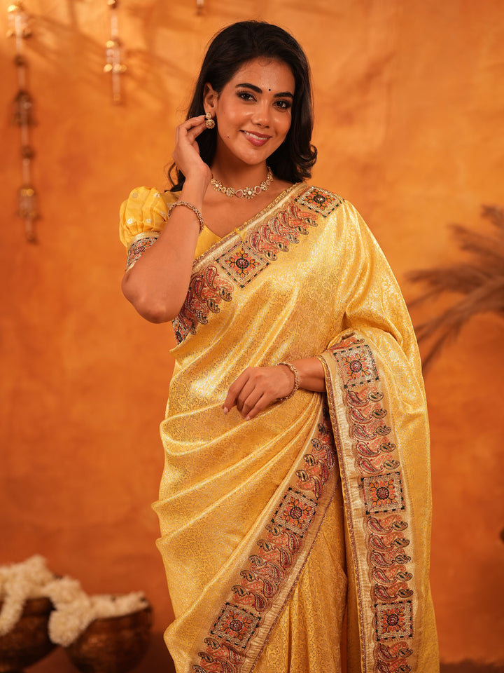 Sunshine Yellow Banarasi Silk Saree with Rich Zari Weaving & Heavy Embroidered Border | Designer Festive & Wedding Wear Saree with Blouse