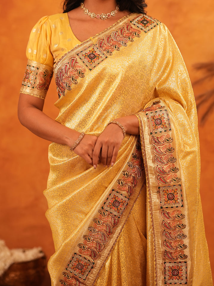 Sunshine Yellow Banarasi Silk Saree with Rich Zari Weaving & Heavy Embroidered Border | Designer Festive & Wedding Wear Saree with Blouse