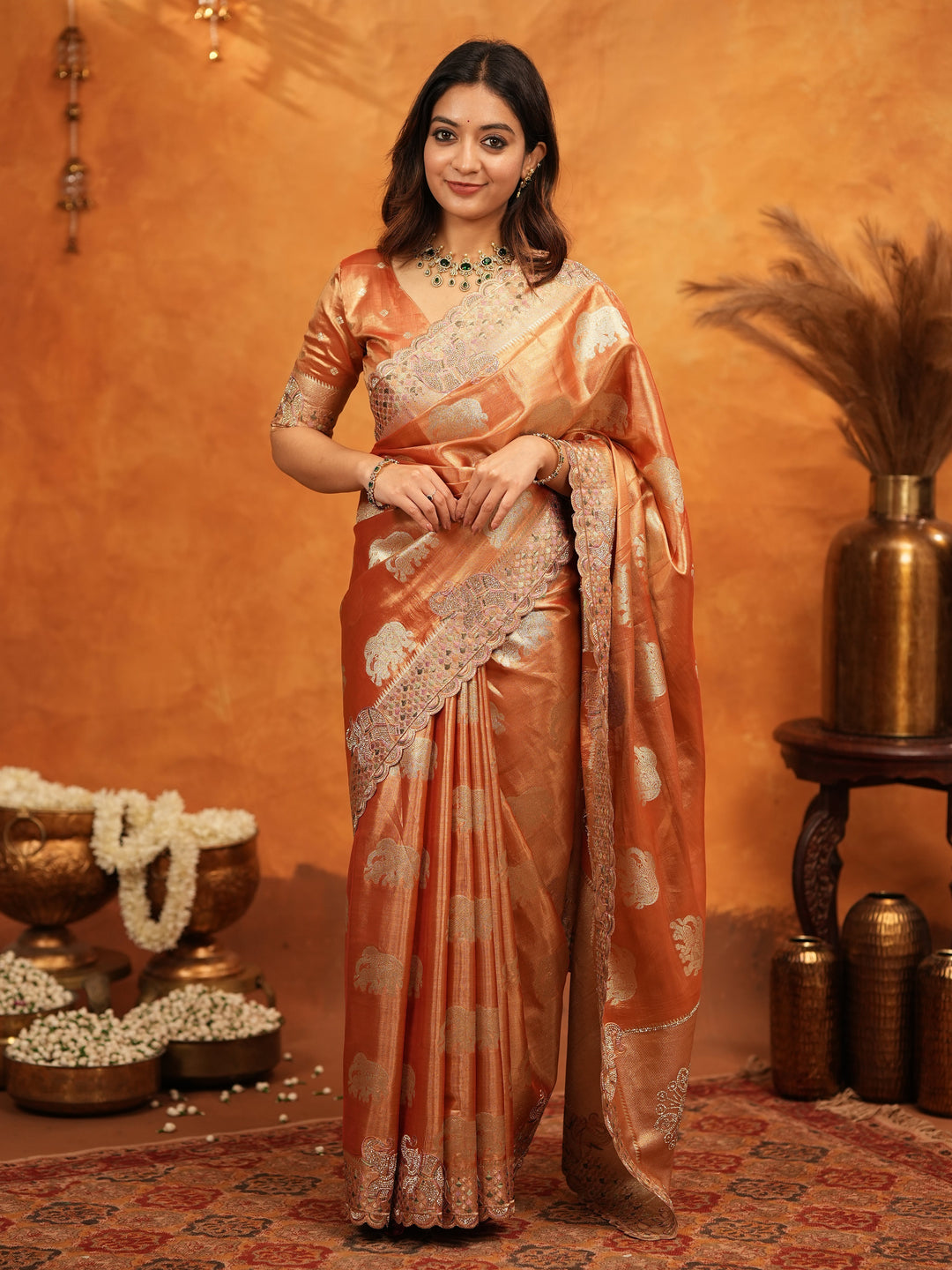 Rust Orange Tissue Silk Embroidered Saree with Zari Motifs & Designer Border | Heavy Embroidered Blouse with Tassels | Wedding & Festive Wear Saree