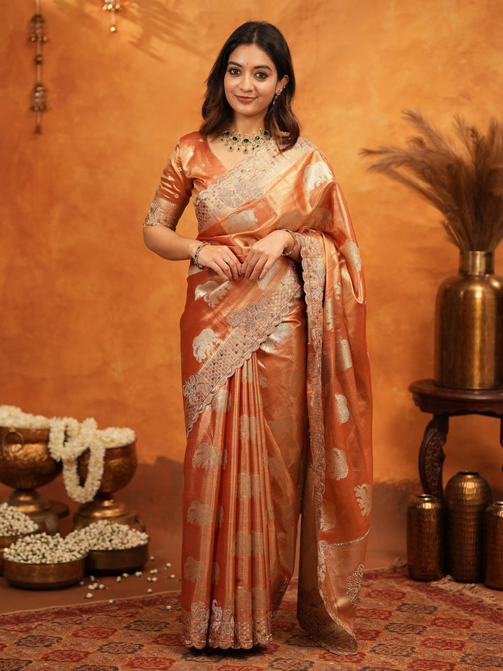 Rust Orange Tissue Silk Embroidered Saree with Zari Motifs & Designer Border | Heavy Embroidered Blouse with Tassels | Wedding & Festive Wear Saree