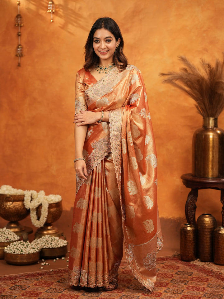 Rust Orange Tissue Silk Embroidered Saree with Zari Motifs & Designer Border | Heavy Embroidered Blouse with Tassels | Wedding & Festive Wear Saree