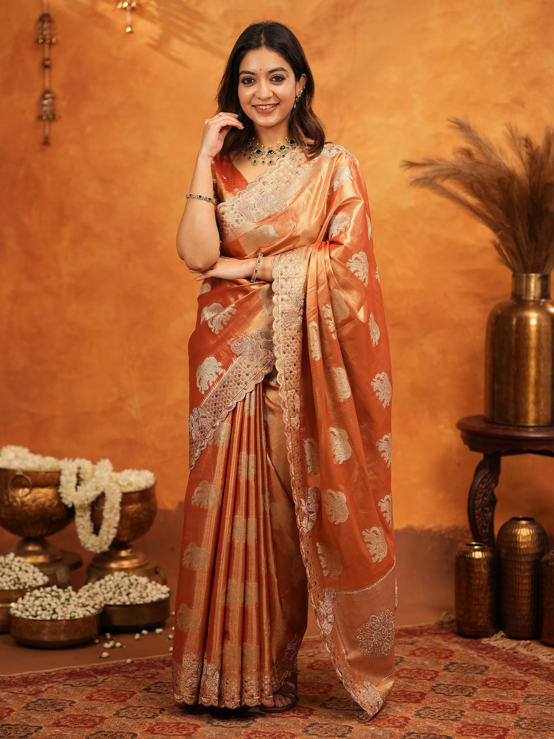 Rust Orange Tissue Silk Embroidered Saree with Zari Motifs & Designer Border | Heavy Embroidered Blouse with Tassels | Wedding & Festive Wear Saree