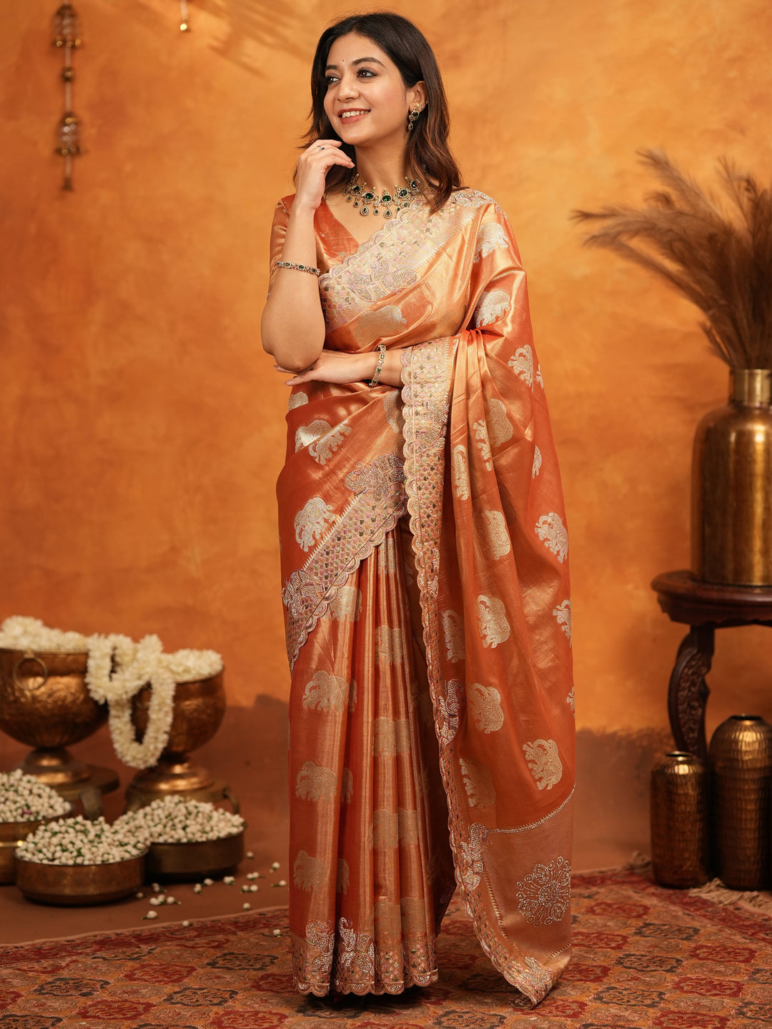 Rust Orange Tissue Silk Embroidered Saree with Zari Motifs & Designer Border | Heavy Embroidered Blouse with Tassels | Wedding & Festive Wear Saree
