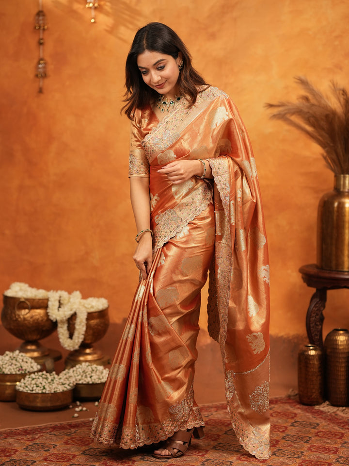 Rust Orange Tissue Silk Embroidered Saree with Zari Motifs & Designer Border | Heavy Embroidered Blouse with Tassels | Wedding & Festive Wear Saree