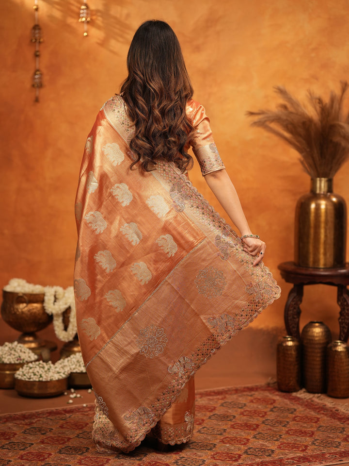 Rust Orange Tissue Silk Embroidered Saree with Zari Motifs & Designer Border | Heavy Embroidered Blouse with Tassels | Wedding & Festive Wear Saree