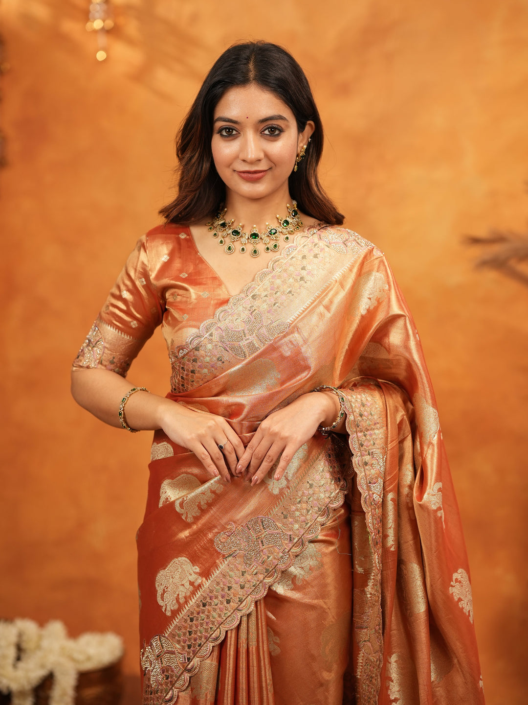Rust Orange Tissue Silk Embroidered Saree with Zari Motifs & Designer Border | Heavy Embroidered Blouse with Tassels | Wedding & Festive Wear Saree