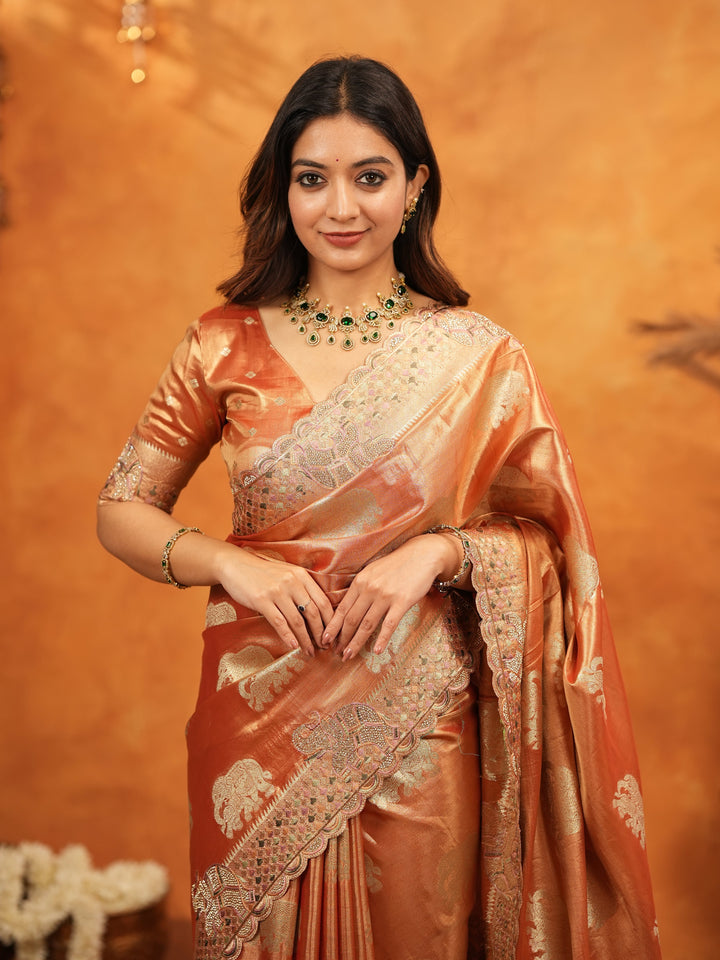 Rust Orange Tissue Silk Embroidered Saree with Zari Motifs & Designer Border | Heavy Embroidered Blouse with Tassels | Wedding & Festive Wear Saree