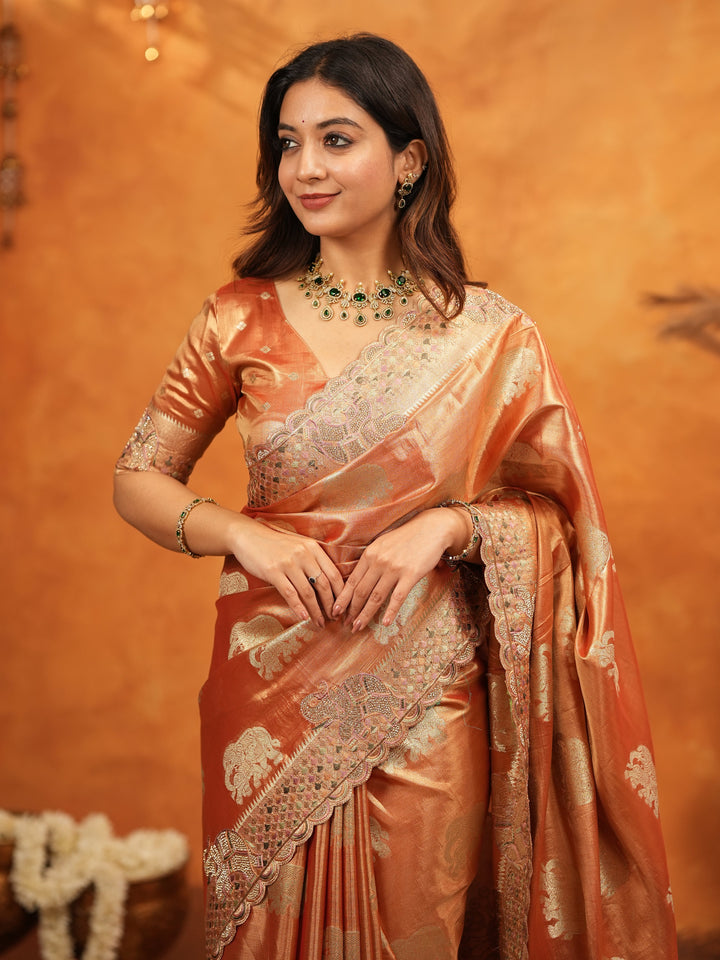 Rust Orange Tissue Silk Embroidered Saree with Zari Motifs & Designer Border | Heavy Embroidered Blouse with Tassels | Wedding & Festive Wear Saree